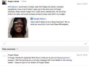 Screen shot of #glassexplorer acceptance by Google Glass