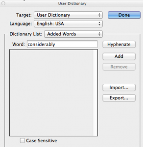 Screen snap of the User Dictionary window in InDesign.