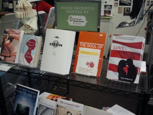 Sample titles printed on the Espresso Book Machine at UW-Seattle Bookstore show a range of sizes and styles